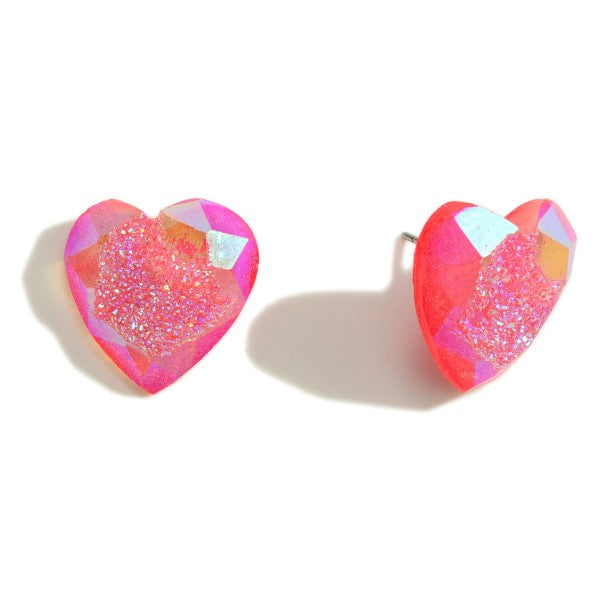 DESCRIPTION: Rhinestone Heart Stud Earrings Featuring Glittered Druzy Texture  - Approximately .75" Wide-hot pink