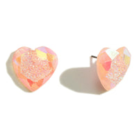 DESCRIPTION: Rhinestone Heart Stud Earrings Featuring Glittered Druzy Texture  - Approximately .75" Wide-pink