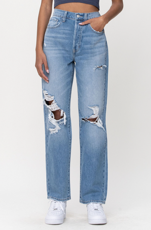 Our Blaze The Trail Dad Jeans offer a light denim wash for a modern look. Tailored for a dad jean fit, these jeans have a high waisted detail and distressed detailing for a vintage touch. Combining comfort with style, these jeans are perfect for any occasion.