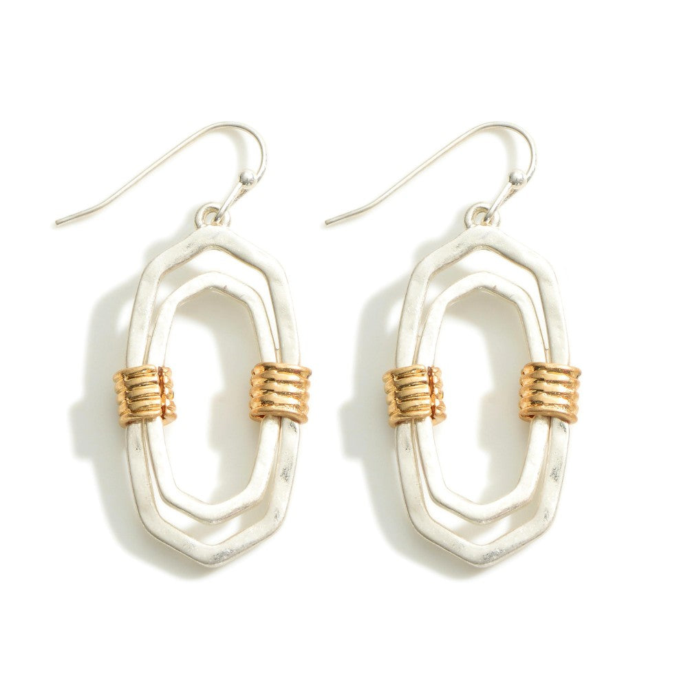 DESCRIPTION: Gold Tone Double Oblong Drop Earrings Featuring Cuff Accents  - Approximately 1.5" Long-SILVER