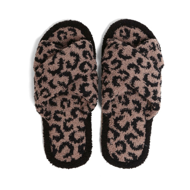 DESCRIPTION: Comfy Luxe Animal Print Criss Cross Slide On Slippers  S/M (women’s size 6-8)  M/L (Women's Size: 8-10)    - 100% Poly Microfiber - Rubber Sole