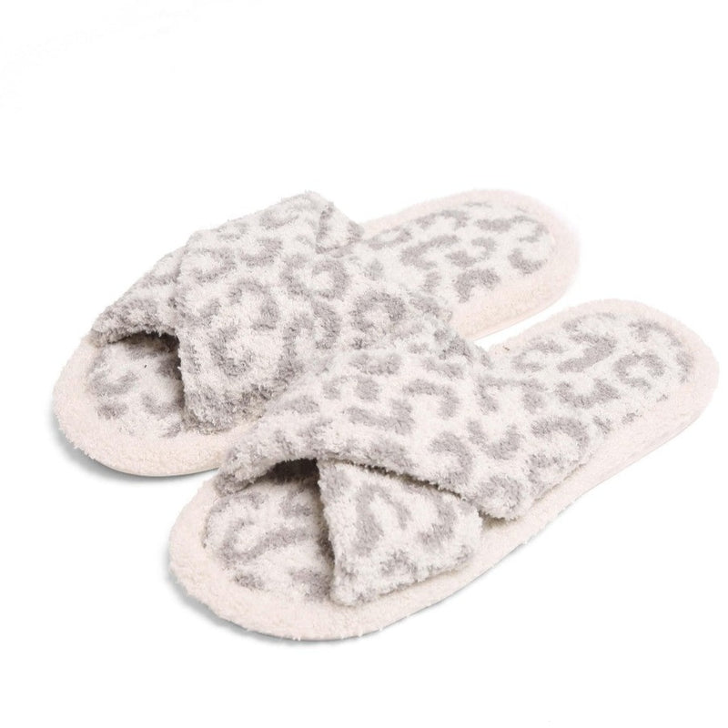 DESCRIPTION: Comfy Luxe Animal Print Criss Cross Slide On Slippers  S/M (women’s size 6-8)  M/L (Women's Size: 8-10)    - 100% Poly Microfiber - Rubber Sole