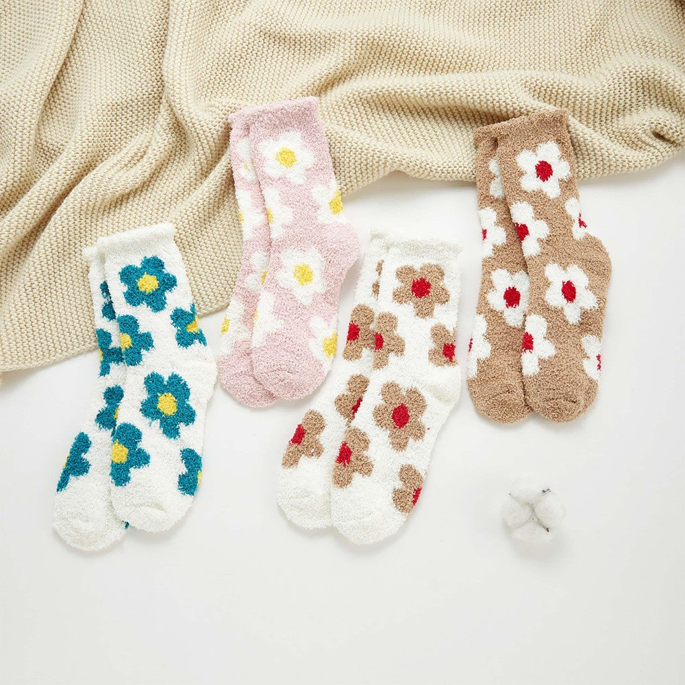 Soft Flower Print Mini Crew Knit Socks.  - One Size Fits Most (Sizes 6-11) - Assorted Colors - 100% Poly Microfiber