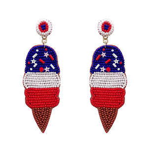 DESCRIPTION: Americana Ice Cream Cone Seed Beaded Earrings  - Approximately 3" L
