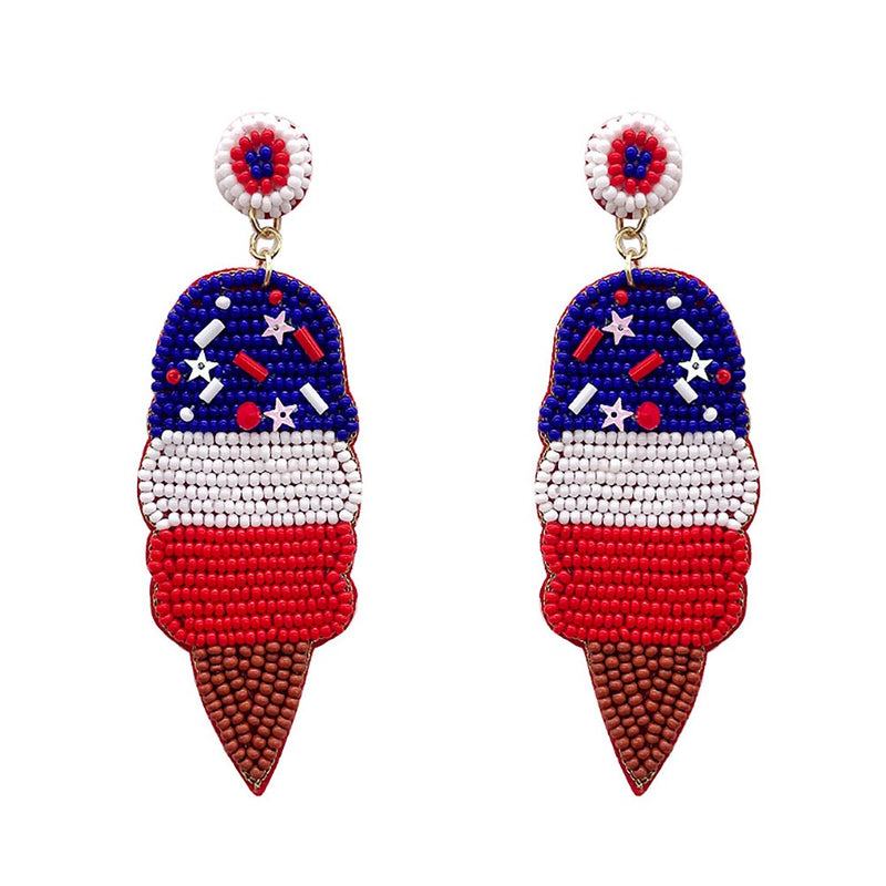 DESCRIPTION: Americana Ice Cream Cone Seed Beaded Earrings  - Approximately 3