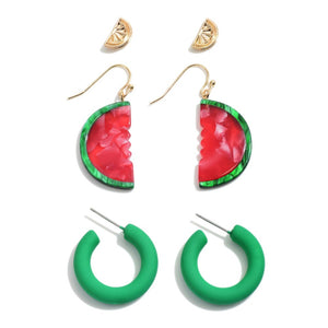 DESCRIPTION: Set of Three Watermelon Stud, Hoop, and Drop Earrings  - Approximately .75" - 2" Long