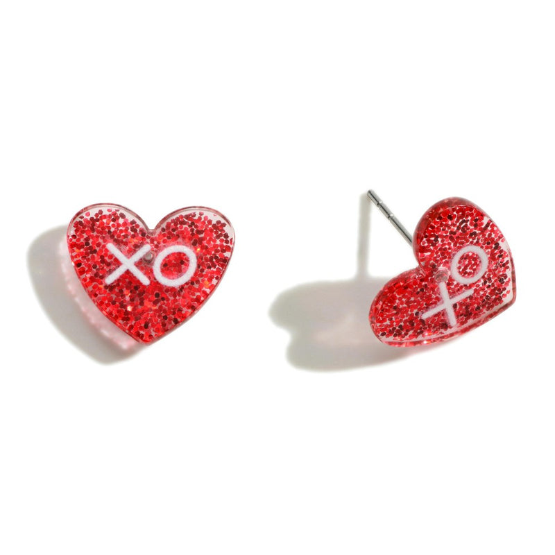 DESCRIPTION: Glitter Resin 'XO' Heart Stud Earrings  - Approximately .6" Wide