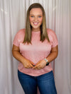 Top features a solid base color, knitted material, crew neck line, short sleeves, and runs true to size!-pink