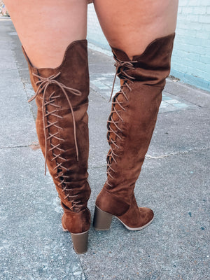 Boots feature chocolate brown color, suede material, knee high length, lace up detail , 2.5" block heel, and runs true to size!  