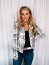 Blazer features a tweed material, long sleeves, underlining detail, V-neck line, front button closure and runs true to size! 