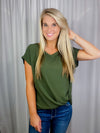Top features a solid base color, short sleeves, round neck line, front knot detail, and runs true to size!-olive
