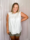 Bottoms feature a olive base, white striped detail, elastic drawstring, side pockets, fully lined and runs true to size! 