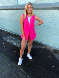 Blazer features a jaw dropping hot pink color, sleeveless detail, open front detail, front pockets, functional buttons and runs true to size!   Matching shorts feature a zip up closure, upper thigh length, belt detail, functional pockets and runs true to size! 