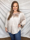 Top features a light champagne color, peasant sleeves, ruffled detail, elastic waist/ shoulder, loose fit, can be worn on or off the shoulder and runs true to size! 
