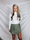 Skort features a solid base color, suede material, side tie and runs true to size!-SAGE