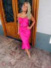 Dress features a solid base color, strapless detail, high-low hem line, front tie bow, mermaid fit and runs true to size! -hot pink