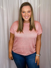 Top features a solid base color, knitted material, crew neck line, short sleeves, and runs true to size! -pink