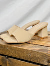 Shoes features a square toe, comfy base, open toe. nude color and runs true to size! 