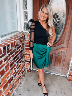 This skirt features a pleated detail, silk material and runs true to size!-HUNTER GREEN