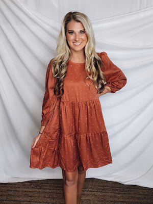 Dress features a terracotta colored base, short puff sleeves, tie bow back detailing, white embroidered detailing and runs true to size! 