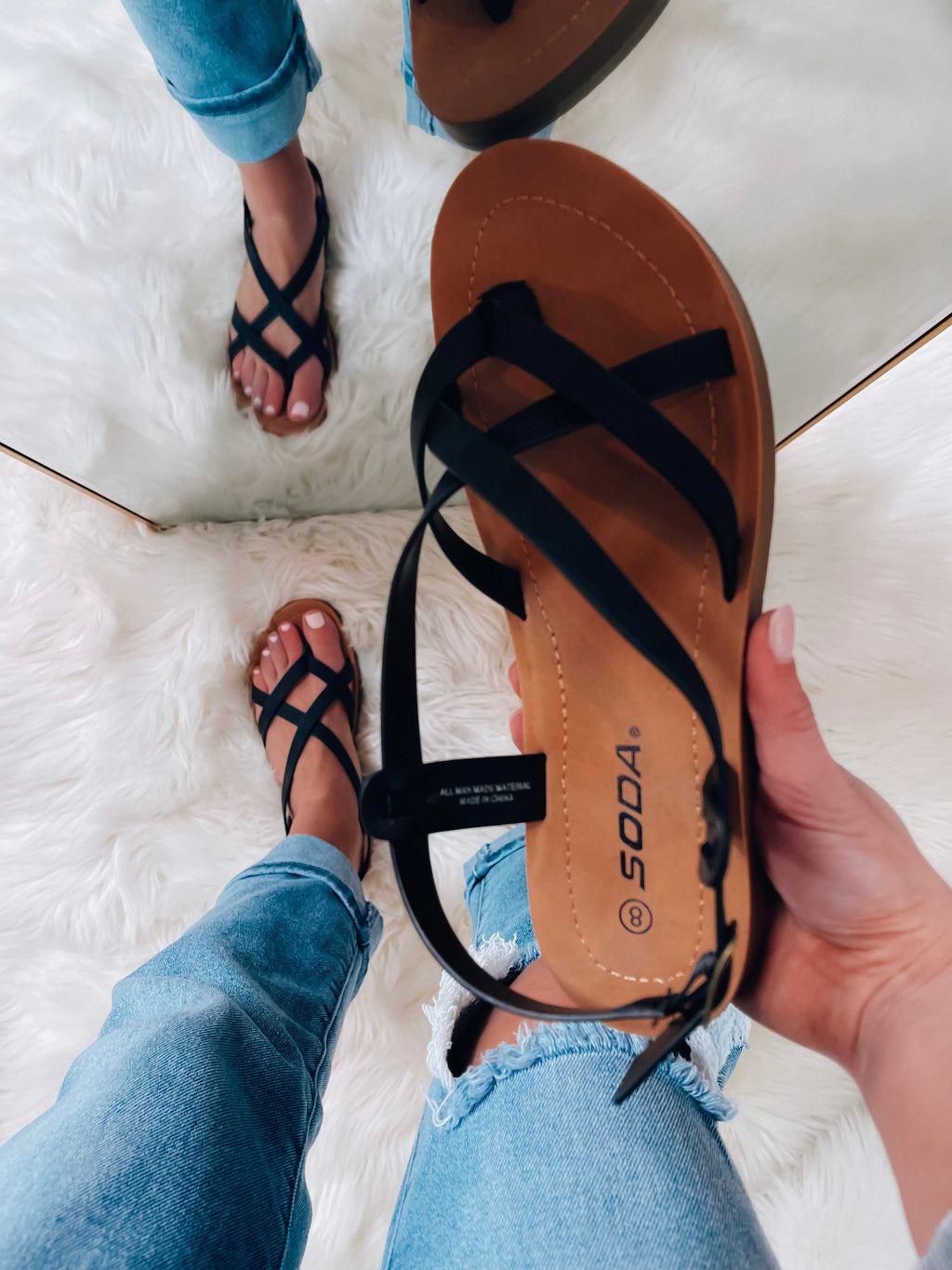 Sandal features a flat bottom, two strap across the front of foot, stretchy ankle strap, comfortable fit and runs true to size! -black