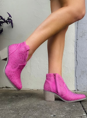 Booties features a fuchsia color, short height, rhinestone detailing, wood block heel,  zip closure and runs true to size! 