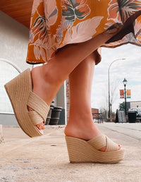 These Cutest Quality Wedges represent the pinnacle of footwear. Crafted from wheat-colored raffia material and featuring a stylish wedge heel, these shoes are perfect for both weekend getaways and special occasions. Their versatile design ensures you'll be able to rock them for any and all occasions.