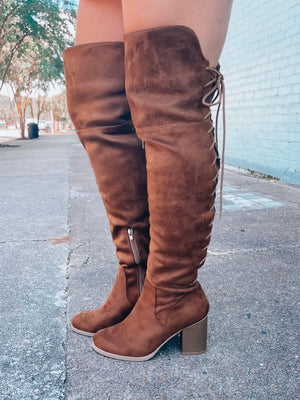 Boots feature chocolate brown color, suede material, knee high length, lace up detail , 2.5" block heel, and runs true to size!  