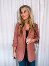 Blazer features a solid base color, 3/4 sleeves, open front, shawl collar detail and runs true to size!-mauve