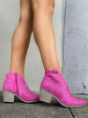 Booties features a fuchsia color, short height, rhinestone detailing, wood block heel,  zip closure and runs true to size! 