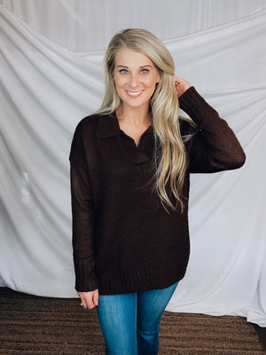 Sweater features a chocolate color, long sleeves, collar detailing, basic pullover comfy fit, and runs true to size! 