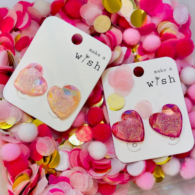 DESCRIPTION: Rhinestone Heart Stud Earrings Featuring Glittered Druzy Texture  - Approximately .75" Wide