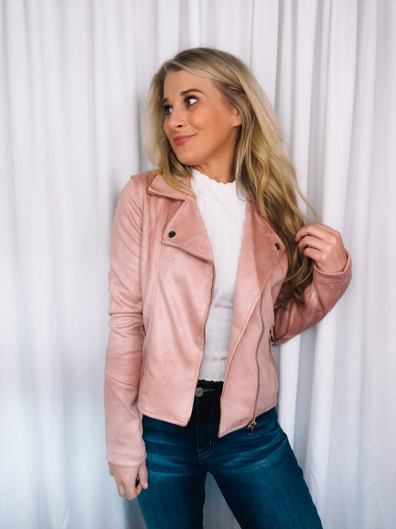 Jacket features a soft suede material, long sleeves, collar detail, zip-up closure and runs true to size!-mauve