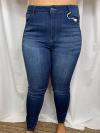 Bottoms feature a dark denim wash, high waist line, skinny leg fit and runs true to size! 