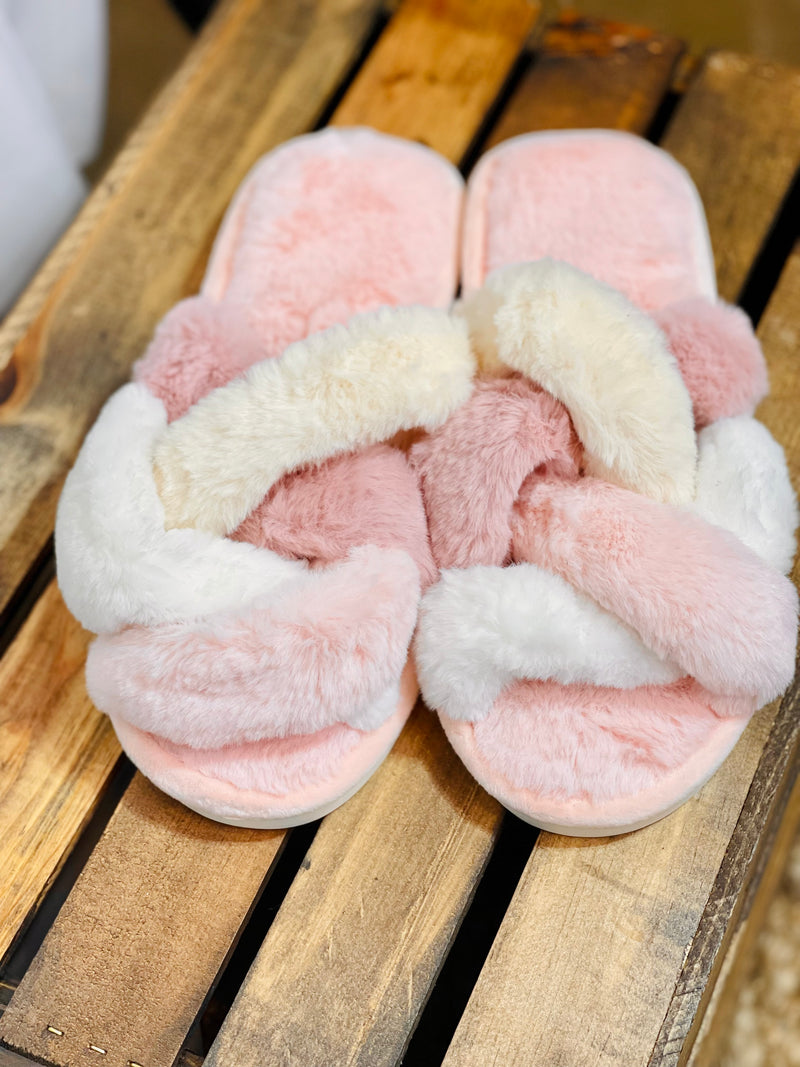 DESCRIPTION: Faux Fur Criss Cross Slippers - Rubber Sole  SIZING:  Small:5-6  Medium:7-8  Large:9-10