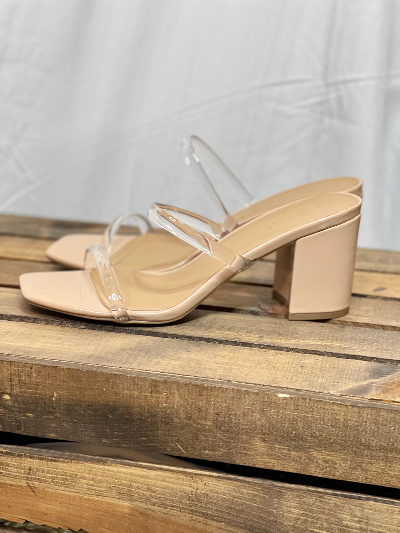 Heels features a nude bottom, padded base, double clear straps, and runs true to size! 