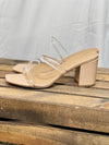 Heels features a nude bottom, padded base, double clear straps, and runs true to size! 