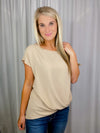 Top features a solid base color, short sleeves, round neck line, front knot detail, and runs true to size! -stone