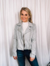 Jacket features a soft suede material, long sleeves, collar detail, zip-up closure and runs true to size!-dusty blue