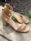 These heels feature a nude color, padded base, buckle ankle strap, 3" heel, sturdy strap across your toes and runs true to size! 