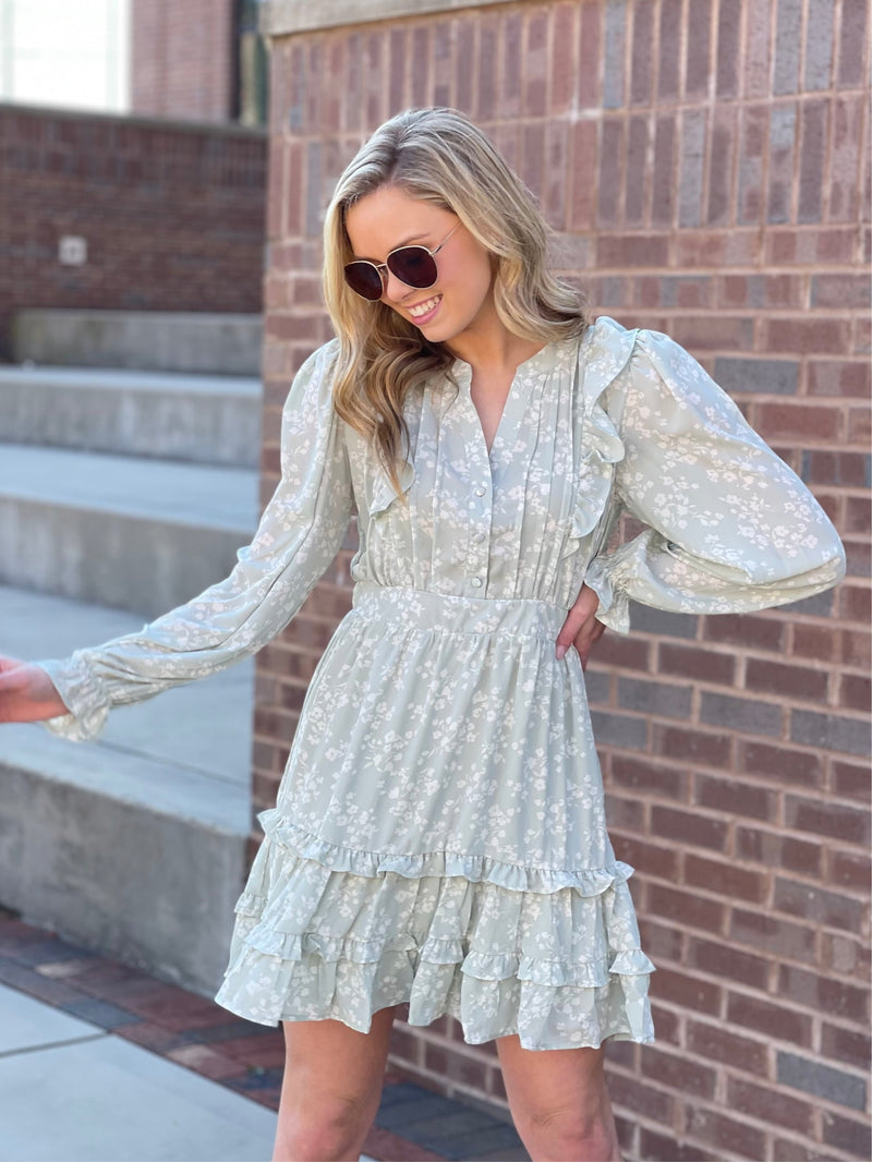 Dress features a solid base color, white floral print, long sleeves, fully lined underneath, long sleeves, ruffle detailing and runs true to size! -sage