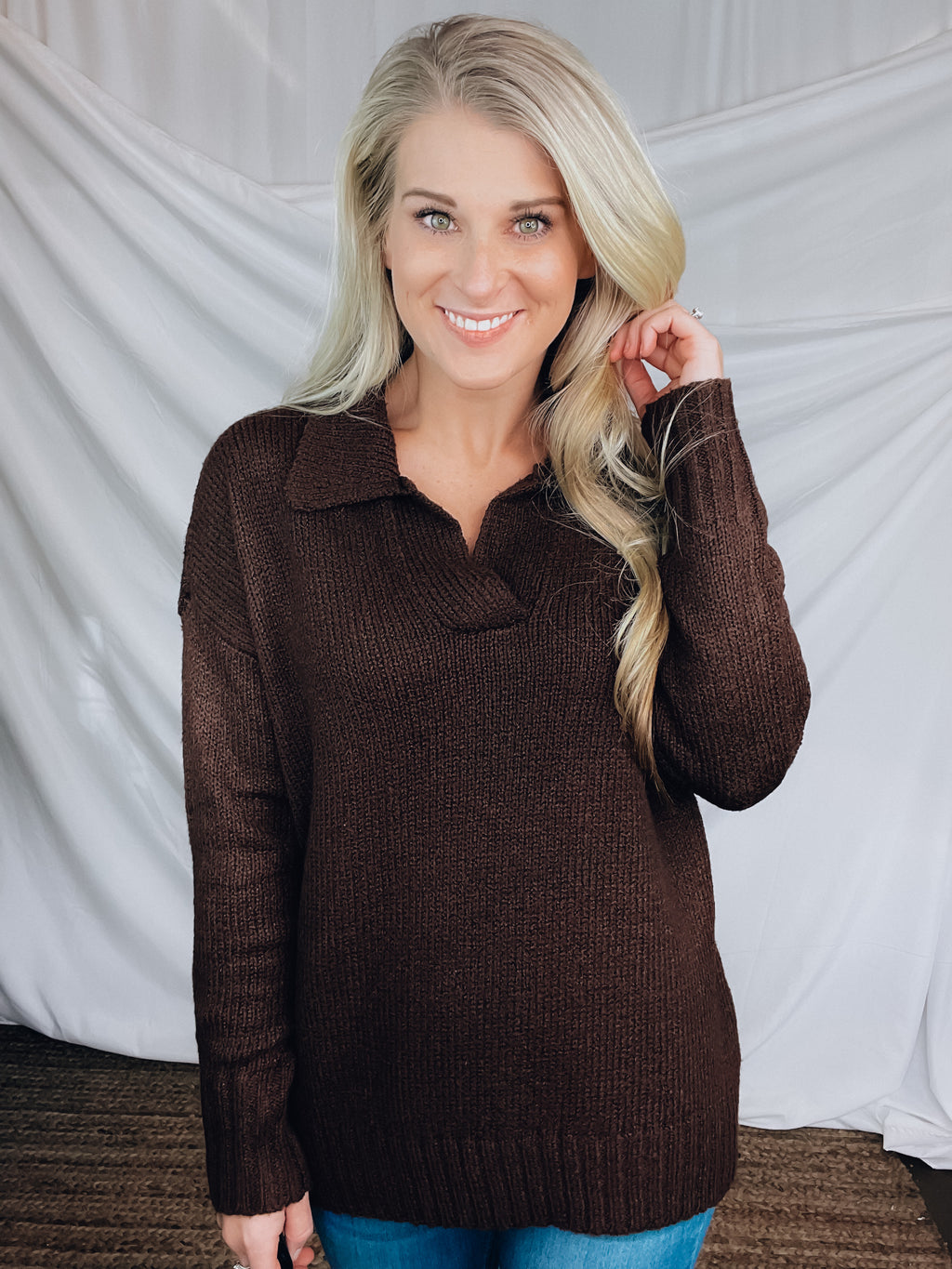 Sweater features a chocolate color, long sleeves, collar detailing, basic pullover comfy fit, and runs true to size! 