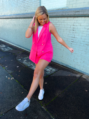 Blazer features a jaw dropping hot pink color, sleeveless detail, open front detail, front pockets, functional buttons and runs true to size!   Matching shorts feature a zip up closure, upper thigh length, belt detail, functional pockets and runs true to size! 
