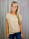 Top features a solid base color, short sleeves, round neck line, front knot detail, and runs true to size! -stone