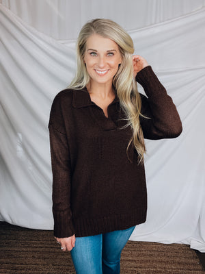 Sweater features a chocolate color, long sleeves, collar detailing, basic pullover comfy fit, and runs true to size! 