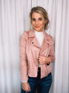 Jacket features a soft suede material, long sleeves, collar detail, zip-up closure and runs true to size!-mauve