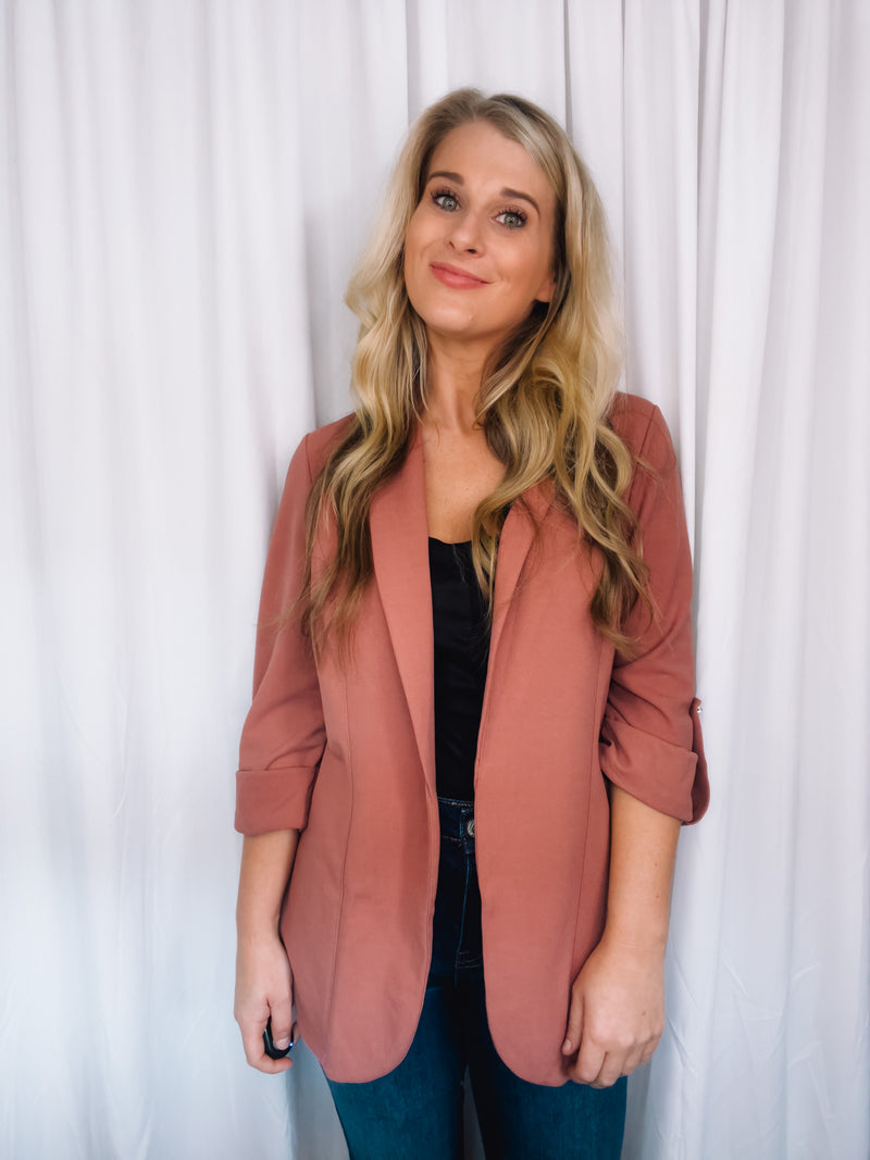 Blazer features a solid base color, 3/4 sleeves, open front, shawl collar detail and runs true to size!-mauve