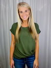 Top features a solid base color, short sleeves, round neck line, front knot detail, and runs true to size! -olive