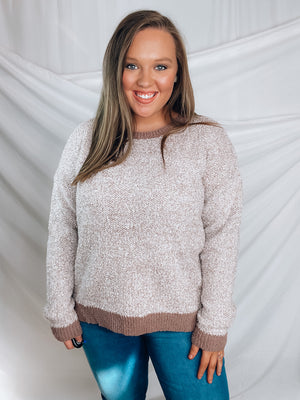 Sweater features a mocha and white color, round neck, long sleeves, super soft material and runs true to size! 