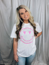 Graphic tee features a solid base colored tee, grey leopard print happy face with pink detailing, short sleeves, unisex fit, round neck line, legging length approval and runs true to size! 